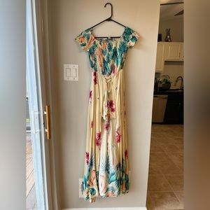 Cream and Green Tropical Print Maxi Romper